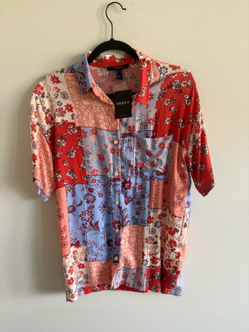 Forever 21 Patchwork Floral Button-Down Shirt - Red, Light Blue & Pink